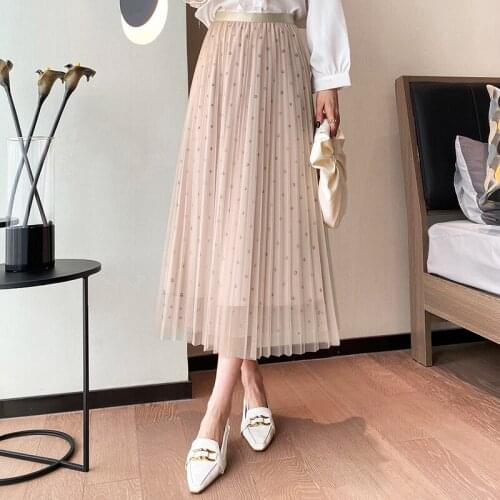 2021 New Woman Skirt Elastic High Waist Rhinestone Mesh Skirts Women A-Line Pleated Skirts Casual Skirt Mujer Faldas Femme Jupes