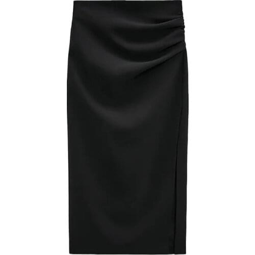 Za Women 2021 New Chic Fashion Drape Midi Skirt Vintage High Waist Side Zipper Straight Female Black Skirts Mujer