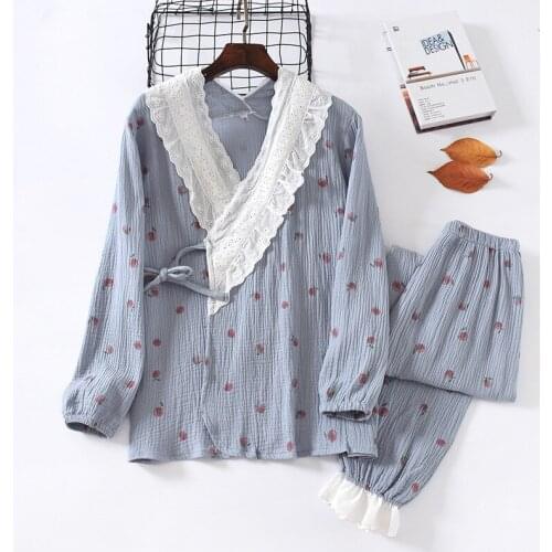 Womens Pajamas Two Piece Set 2021 New Lace-up Kimono Sleepwear Suit V-neck Loose Home Service Ladies Bathrobe Nightwear