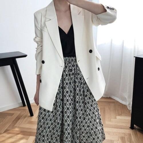 2021 Spring New White Women Shoulder Padded Blazer Turn Down Collar Double-breasted Loose Suit Coat Fashion Casual Tops Coat