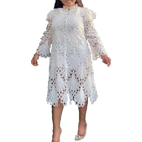 New 2021 Sexy Hollow Out See Through Long Sleeve Single-breasted Loose Dress Elegant Wavy White Dress For Women Party Night Club