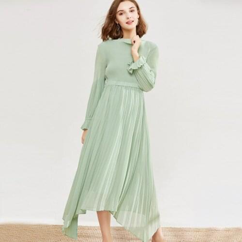 Miyake Autumn New Light Green Half High Collar Chiffon Waist Dress Female Temperament Ladies Dresses