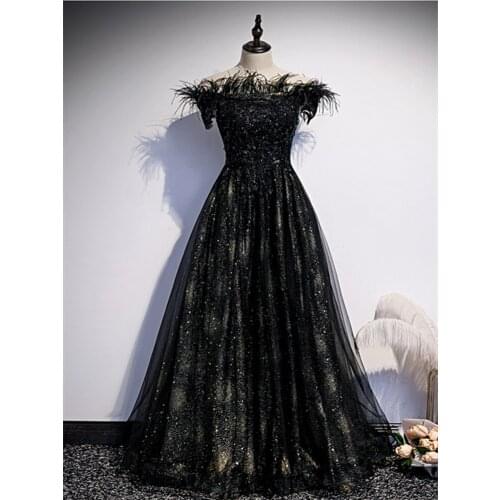 Vestido De Festa Boat Neck Evening Dress Robe De Soiree 2021 New Fashion A-LINE Black Evening Dresses Long Dress Formal Dress