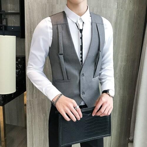 High Quality Brand Spring Mens Vest Business Gray Strap Man Short Vest Casual V-collar Carelecos Para Hombre Vest Waistcoat