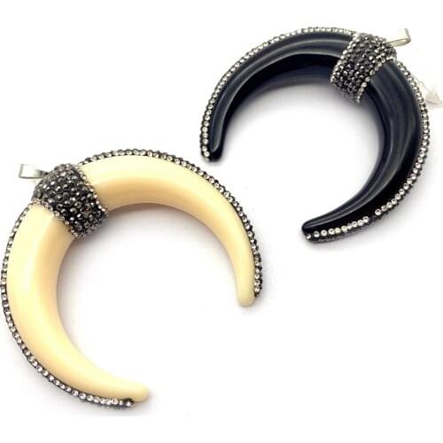 1pcs Resin Beef Bone Pendant Black White Inlaid Diamond Jewelry Making Necklace Accessories Horn Shape Moon Shape Natural Stone