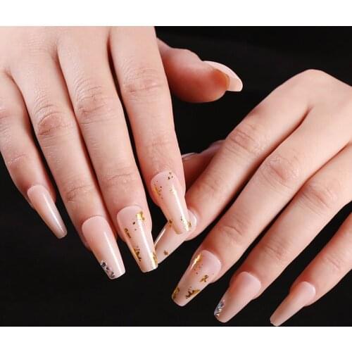 24pcs/set Long Nude Pink Coffin Fake Nails European Foils Pattern Acrylic Ballerina False Nails Beauty Nail Decal Manicure Tools