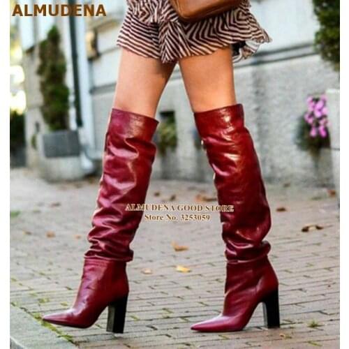 ALMUDENA Black Chunky Heel Wine Red Long Boots Pleated Slouch Over The Knee Boots Burgundy Leather Thigh High Boots Size46 Shoes