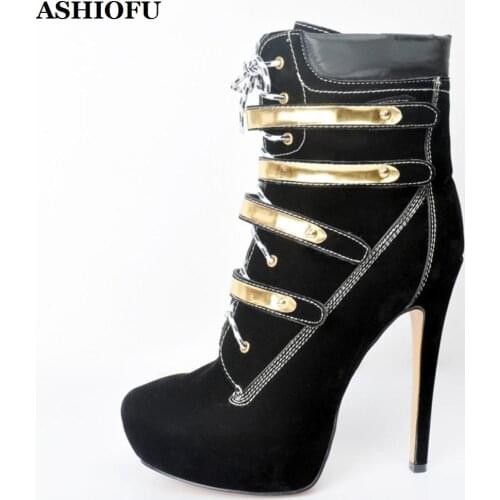 ASHIOFU Handmade New Womens High Heel Boots Bling Cross-strap Party Ankle Boots Platform Winter Fashion Short Boots Shoes XD212