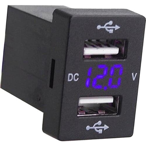 Car 5V 2.1A Mount Blue LED Voltmeter Double USB Charging Ports For Toyota