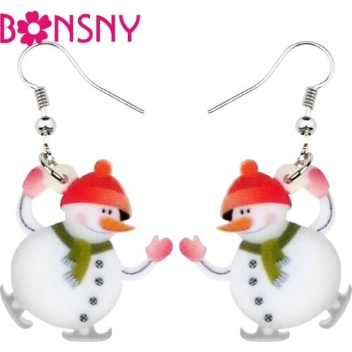 Bonsny Acrylic Christmas Happy Snowman Earrings Drop Dangle Cartoon Ornaments Jewelry For Women Girls Teens Accessories New Year