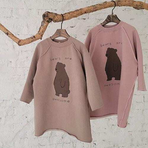 Childrens winter clothes Japanese super fire dress girls foreign style bear cartoon terry fleece loose sweater dress