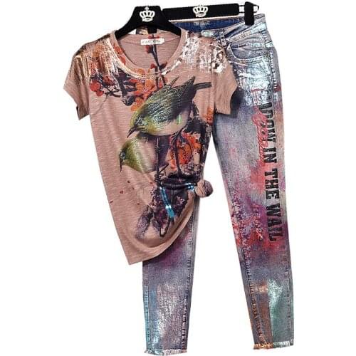 Summer Vintage Print Tshirt Pencil Denim Pants 2 Piece Set Women Loose Short sleeve T shirt Jeans Suit Female Fashion Streetwear
