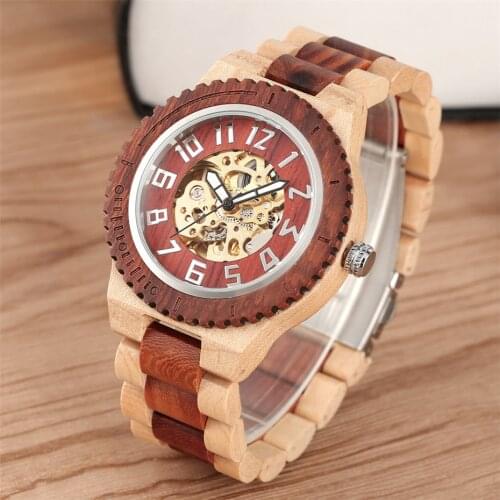 New Arrival 2019 Wooden Mechanical Wristwatch Automatic Watches Arabic Numeral Display Red Wood Hollow Dial Mens Watches Gift