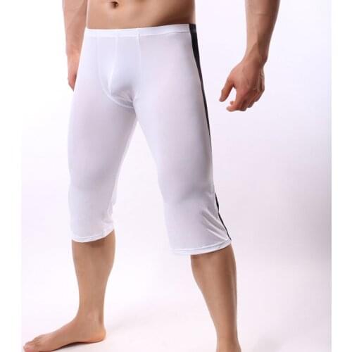 Mens Sexy Ice Silk U Convex Pouch Pants Sexy Half Long Pants Transparent Patchwork Tights Leggings For Cool Male Gay wear F13