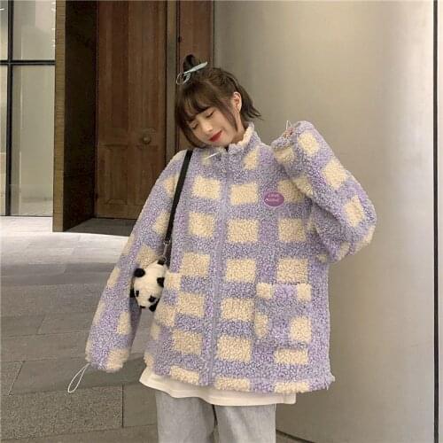 2021 Autumn Winter Lamb Plush Jacket New Female Korean Loose Purple Plaid Fashion Top Women Clothing Oversize Clothes Goth KWAII