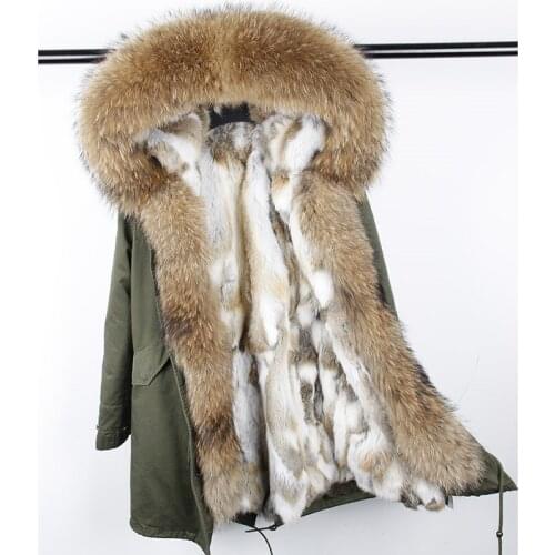 7XL Winter Women Real Fur Coat Long Rabbit Fur Lining Hooded Parka Large Raccoon Fur Collar Warm Coats