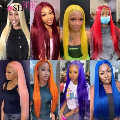 13x4 Lace Front Human Hair Wig Red Blue Pink Colored Lace Frontal Wig Pre Plucked Remy Brazilian Human Hair Wigs For Black Women