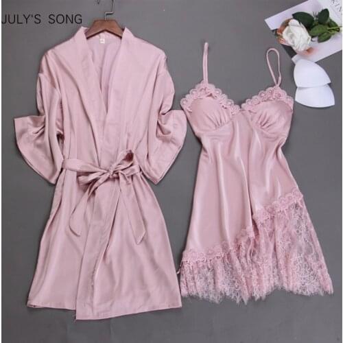 JULYS SONG Faux Silk Satin Pajamas Set Sexy Lace V Neck Strap Nightdress Robe 2020 Spring Summer Womens Pink Pajamas Nightgown