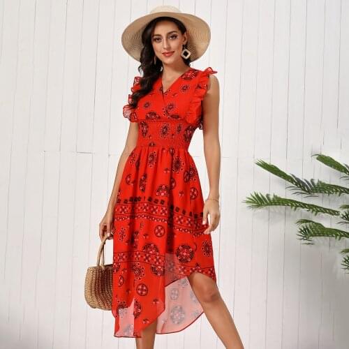 Summer Women Vintage Pattern Behavior Smocked Ruffle Midi Dress Sexy Sleeveless Red Long Dresses 2021 Fashion Clothes For Women