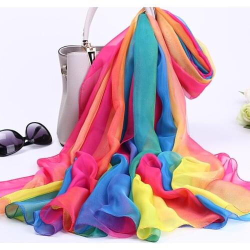 HanXi 2020 Gradient Faux Silk Scarf Women Fashion Rainbow Chiffon Head Hijab Scarf Summer Winter Pashmina Plus Size 197*127cm
