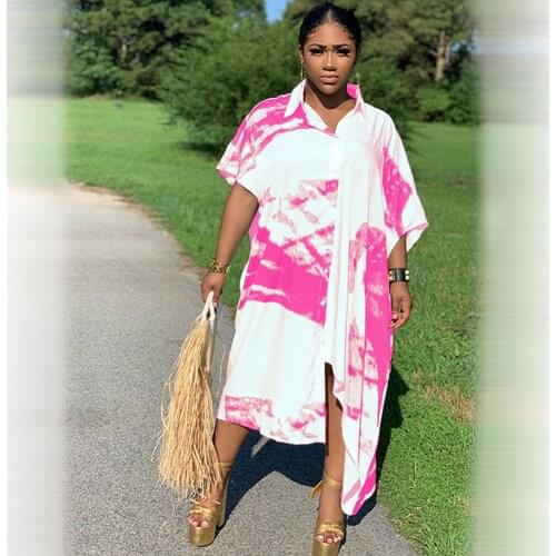 Plus Size Tie Dye Print Shirt Dress Women Turn-Down Collar Button Up Loose Blouse Dress Casual Streetwear Oversized Summer Dress