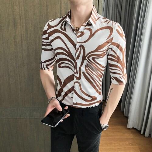 High Quality Spring Summer Half Sleeve Print Shirts For Men Clothing 2021 Simple Slim Fit Casual Night Club Tuxedo Dress 3XL-M