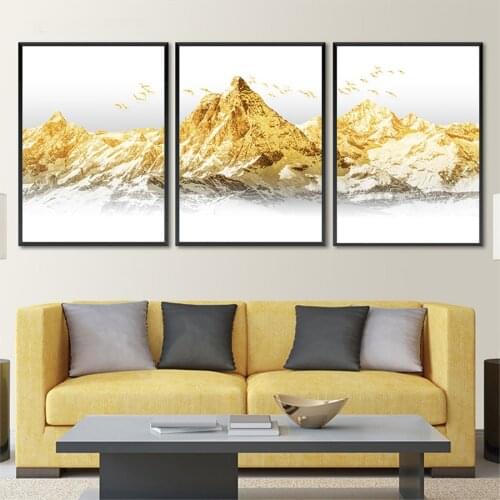 Modern Abstract Gold Foil Hills Landscape Acrylic Painting Prints and Posters Birds and Mountains Living Room Home Decoration