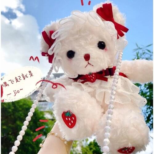 Handmade Lolita Hana No Ko Lunlun Kawaii Lace Bow Strawberry Bear Bag JK Soft Sister Messenger Bag Accessories Girl Gift