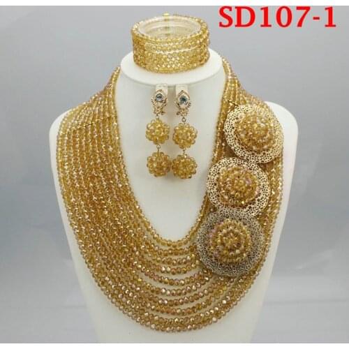 Wedding African Beads Jewelry Sets Imitation Crystal Gold-color Bridal Necklace Bracelet Earrings Rings Set SD107-1