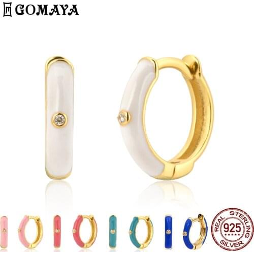 GOMAYA 925 Sterling Silver Rose Red Ename Hoops 5 Colors Women Piercing Pendientes Ohrringe Earring Fine Jewelry Crystal CZ