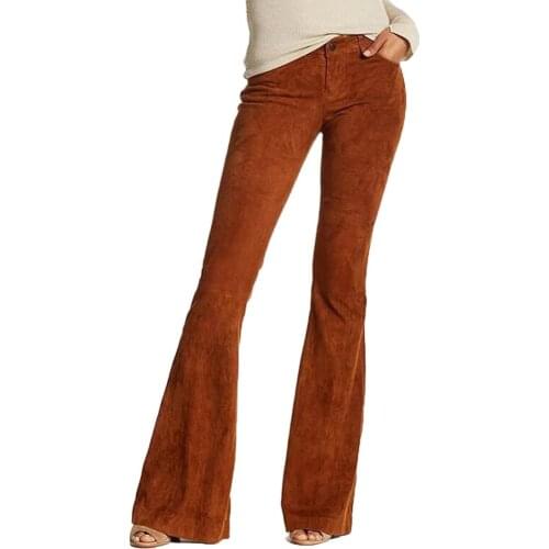 Vintage Women Retro Casual High Waist Solid Color Wide Leg Pants Bell-Bottom Trousers Fashion Faux Suede Womens Trousers S-5XL