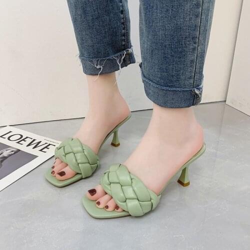 Women New Sring Slippers Small Stiletto Square Toe Open Toe High Heel Sandals Female Fashion Weave Slides Flip Flops