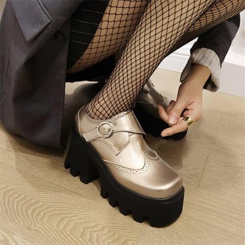 PXELENA Punk Style Women Creepers Harajuku Japanese Chunky High Heels Platform British Oxfords Wing Tip Buckle Gothic Shoes 2021