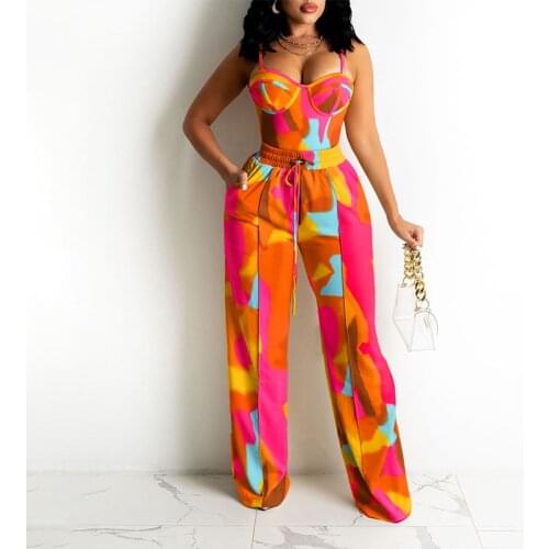 2021 Summer Women Casaul Two Piece Suit Sets Sleeveless Colorblock Zipper Back Cami Top & Wide Legs Contrast Pipping Pants Set