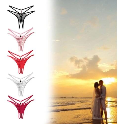 Women Sexy Sheer Eyelash Floral Lace Lingerie Briefs Hollow Open Crotch G-String Underwear Rhinestone Pendant Drop Thong