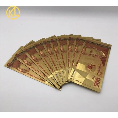 10pcs Colored Lithuanian 500 Litas Gold Foil Replica Banknote ticket for popuplar poet VincasKudirka souvenir and collection