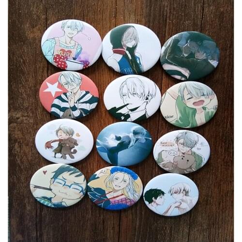 12pcs/Set 58MM Harajuku Anime YURI on ICE Victor Nikiforov Katsuki Plisetsky Badge Pin Brooch Anime Acrylic Badge