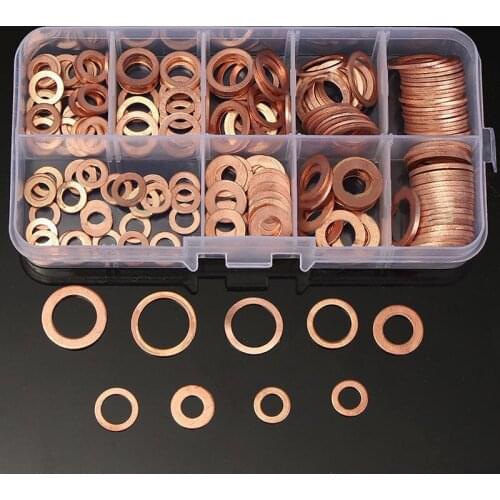 200Pcs Solid Copper Washer M5-M14 Flat Ring Sump Plug Oil Seal Assorted Set Box