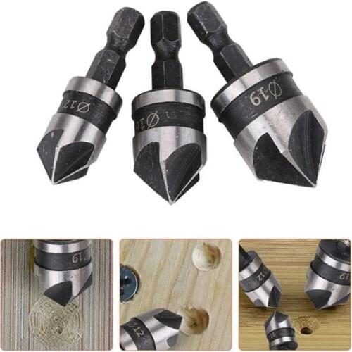 3pcs/set 90 Degree 1/4 Hex Drill Rod 5 Flute 12mm 16mm 19mm Wood Debur Counter