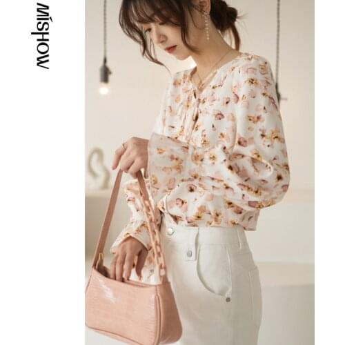 MISHOW 2021 Spring Blouses For Women V-Neck Long Sleeve Flora Tops Elegant Flare Sleeve Tops Female Clothing MX21A4445
