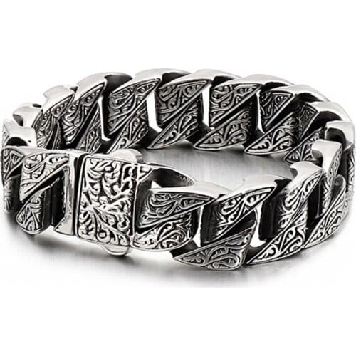 Vintage Style Bike Bracelet Mens Unique Carving Curb Cuban Chain Stainless Steel Men Bracelets Bangle Hiphop Fashion Jewelry