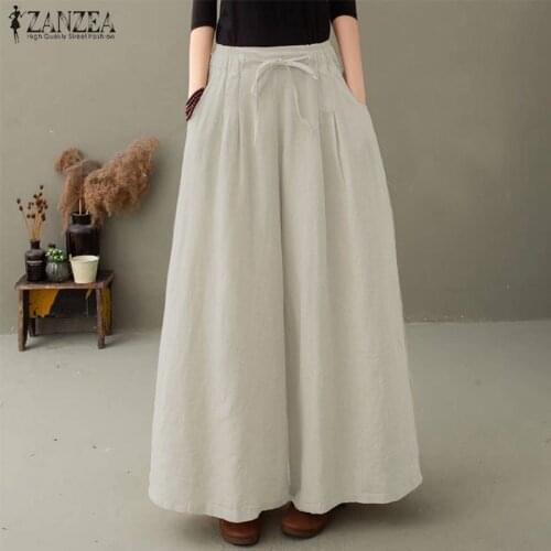 ZANZEA Autumn Loose Cotton Linen Trousers Vintage Women Wide Leg Pants Casual High Waist Streetwear Stylish Pantalon Plus Size
