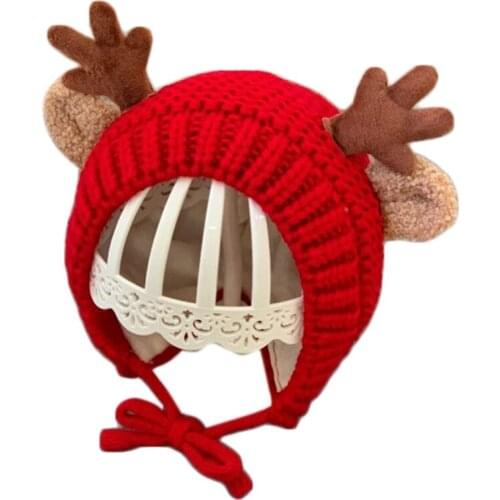 Infant Baby Winter Knit Beanie Hat Cute Christmas Reindeer Antlers Toddler Windproof Earflap Cap Warmer with Chin Strap