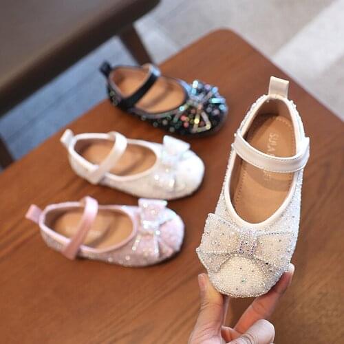 Girls Elegant Shoes New Fashion Childrens Sweet Pu Rhinestones Bowtie Danceing Princess Shoes Kids Travel Shoe Girls Sneakers