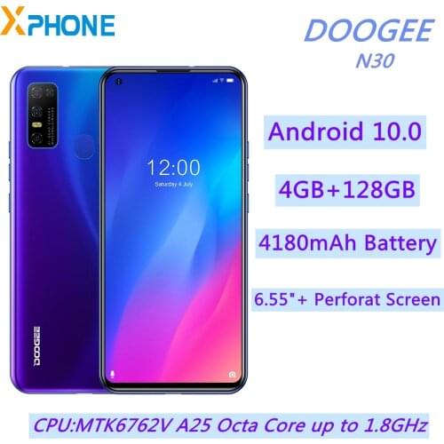 DOOGEE N30 4GB 128GB Cell Phone 6.55" Android 10 16MP Quad Rear Cameras 4180mAh MTK6762V 4G Nerwork Mobile Phone