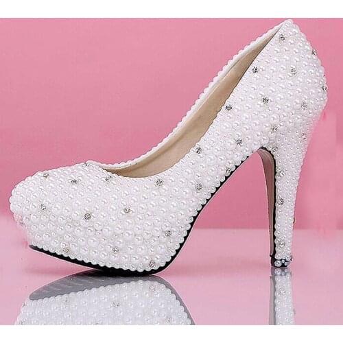 Sparkling Fashion White Imitation Pearl Bridal Dress Shoes Beautiful Wedding Shoes Women High heel party club Shoes