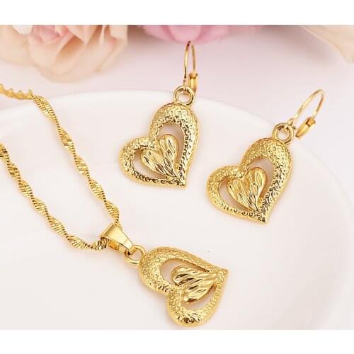 Gold Dubai India heart flower drop dangle Earrings Necklace Jewelry Sets for Women Girls wedding bridalJewelry accessories gift