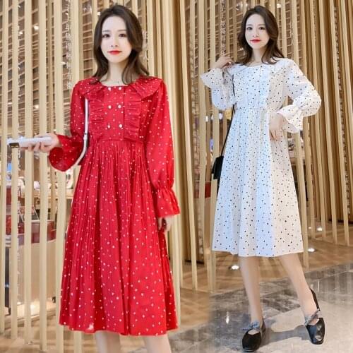 Red White Fashion Love Patterns Printing Pregnant Women Breastfeeding Dress Pleated Ruffles Patchwork Maternity Nursing Dresses