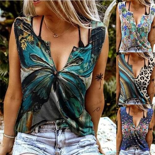 Summer Womens Vest Tops Sexy V Neck Sleeveless T Shirt Fashionable Printing Loose Casual Plus Size Clothing