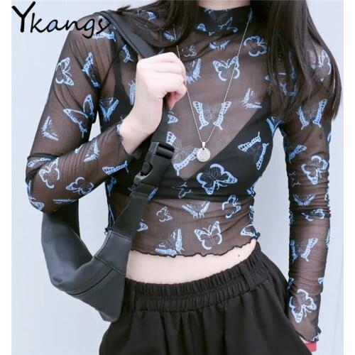 Summer Butterfly Print Sexy Women T-Shirt See Through Vintage Transparent Mesh Tops Harajuku Streetwear Mesh T-Shirt Female 2021
